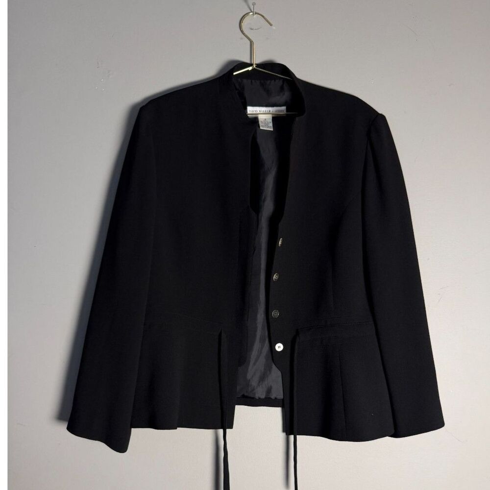 David Warren NY Black Peplum Jacket Size 16 Tie Waist Mandarin Collar Blazer